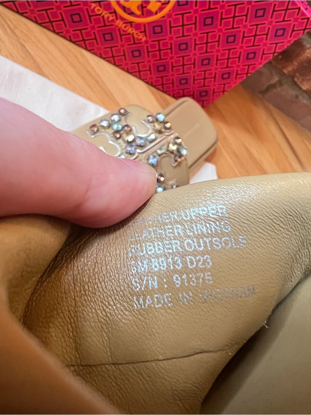 Tory Burch Ginger Shortbread Tan Crystal Double T Leather Sport Slide Sandals - Picture 7 of 11